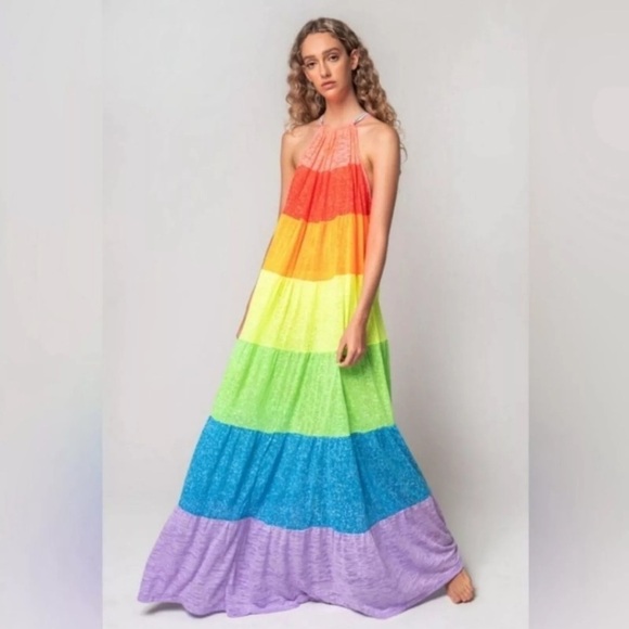 Pitusa Revolve Popsicle Rainbow Maxi Halter Top Dress Petite Size 6-14 - Picture 2 of 11